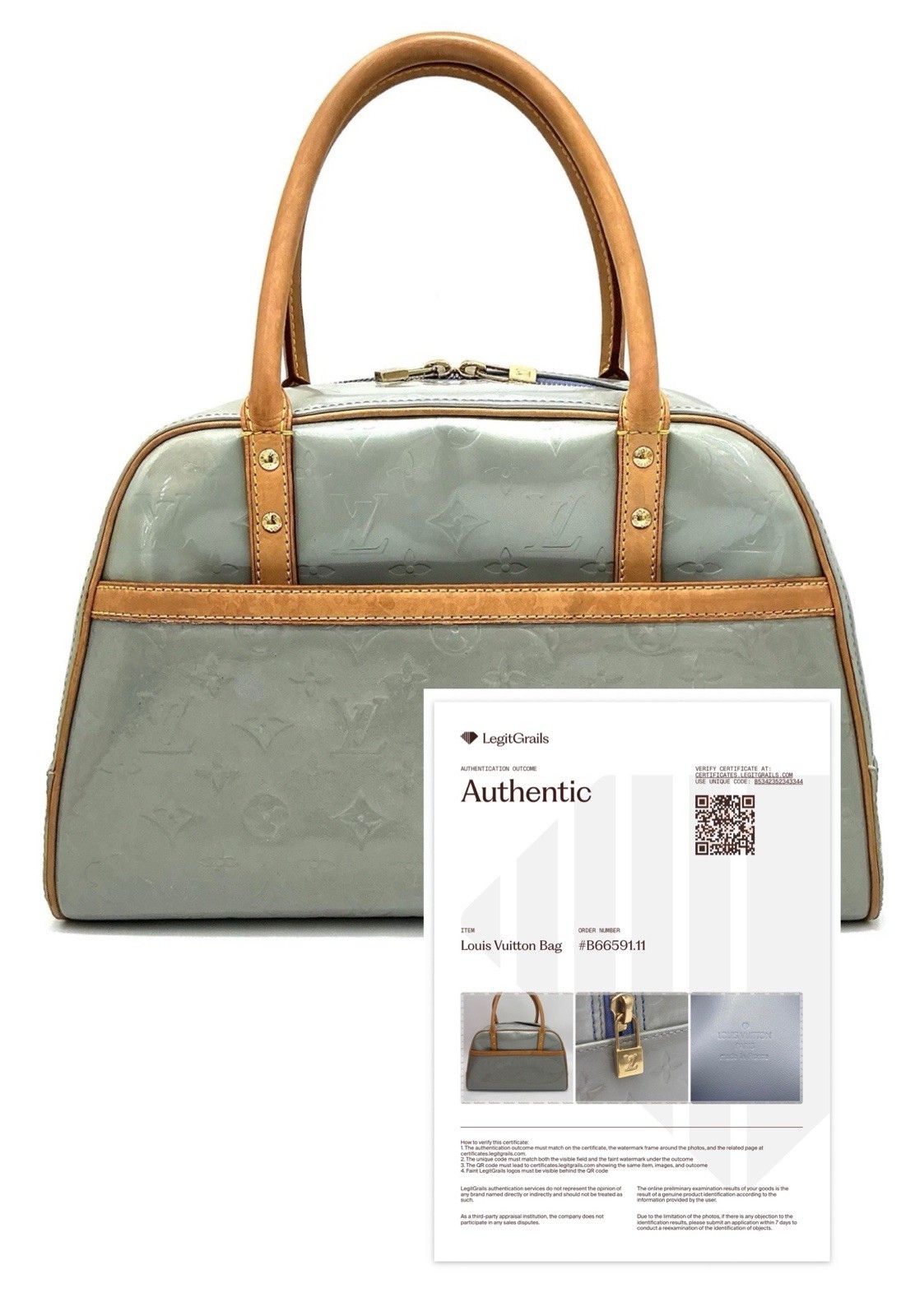 Louis Vuitton LV Monogram Tompkins Sq Vernis Patent Leather Gray Tote Bag + COA