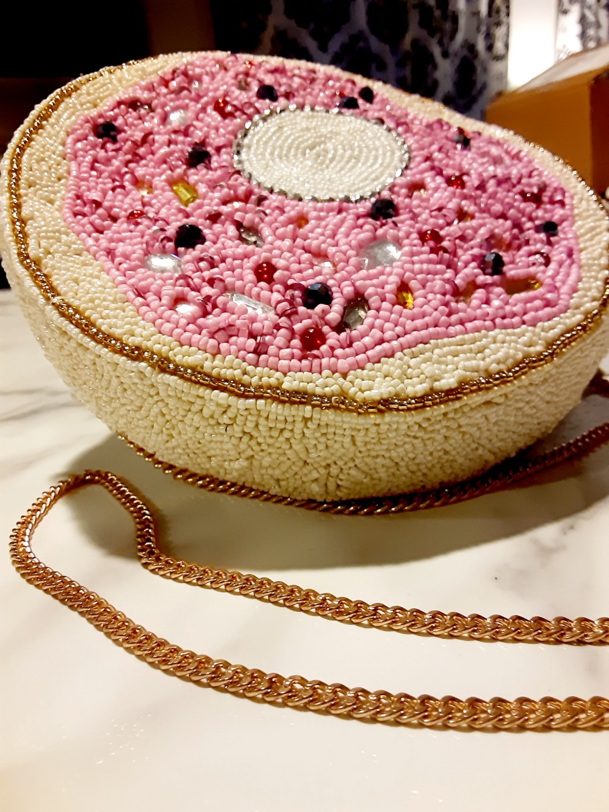 VIRAL Pink Donut Beaded Crossbody Bag Made in India Beaded Purse Gold Chain