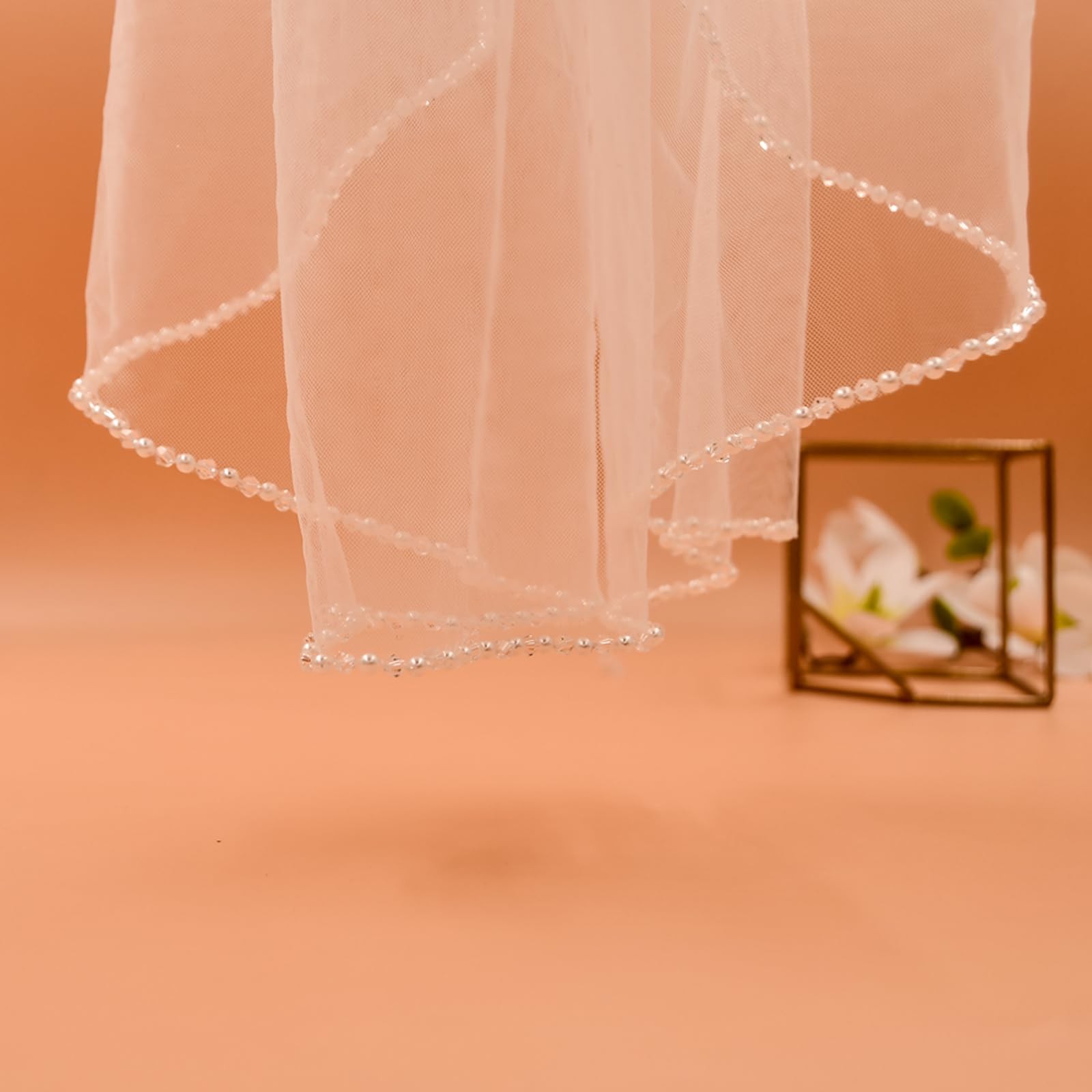 Bridal Veil Pearl Beaded Edge 1 Tier Fingertip Length Wedding Veil with Comb