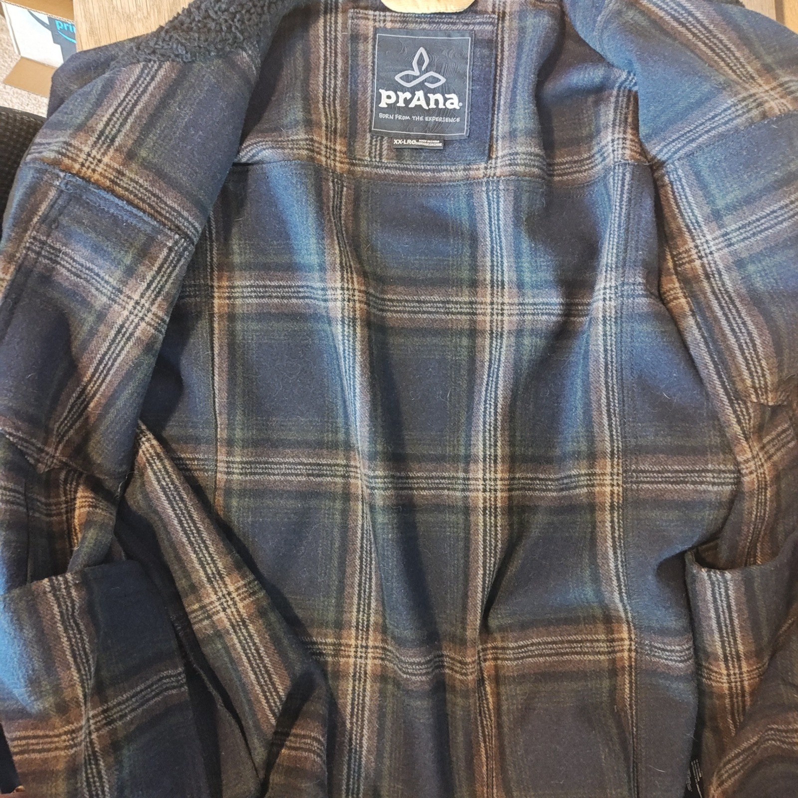 Prana Pinnacle Wool Blend Shirt Jacket Mens XXL Brown black Plaid Sherpa Collar