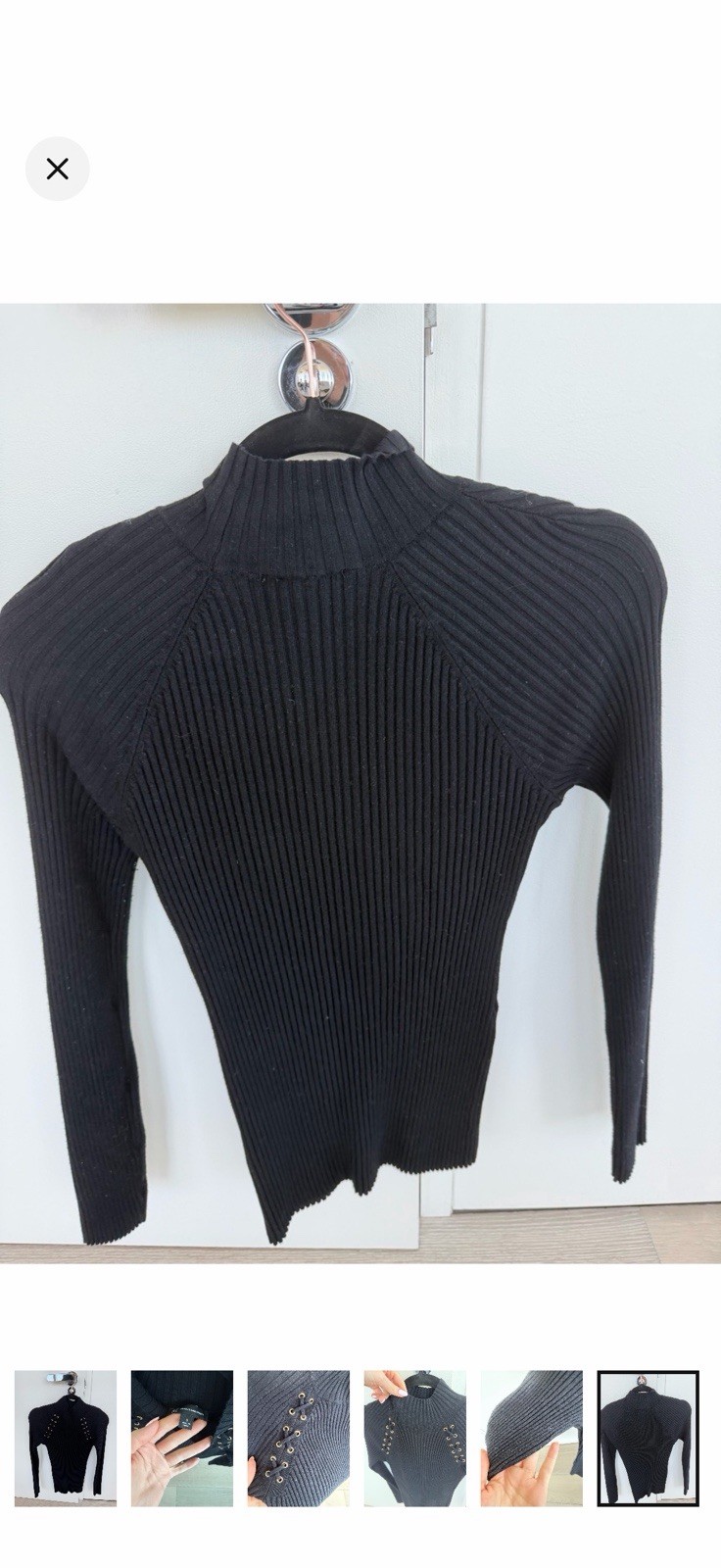 INC International Concepts Black Rib-Knit Mock Neck Lace-Up Stretch Sweater S