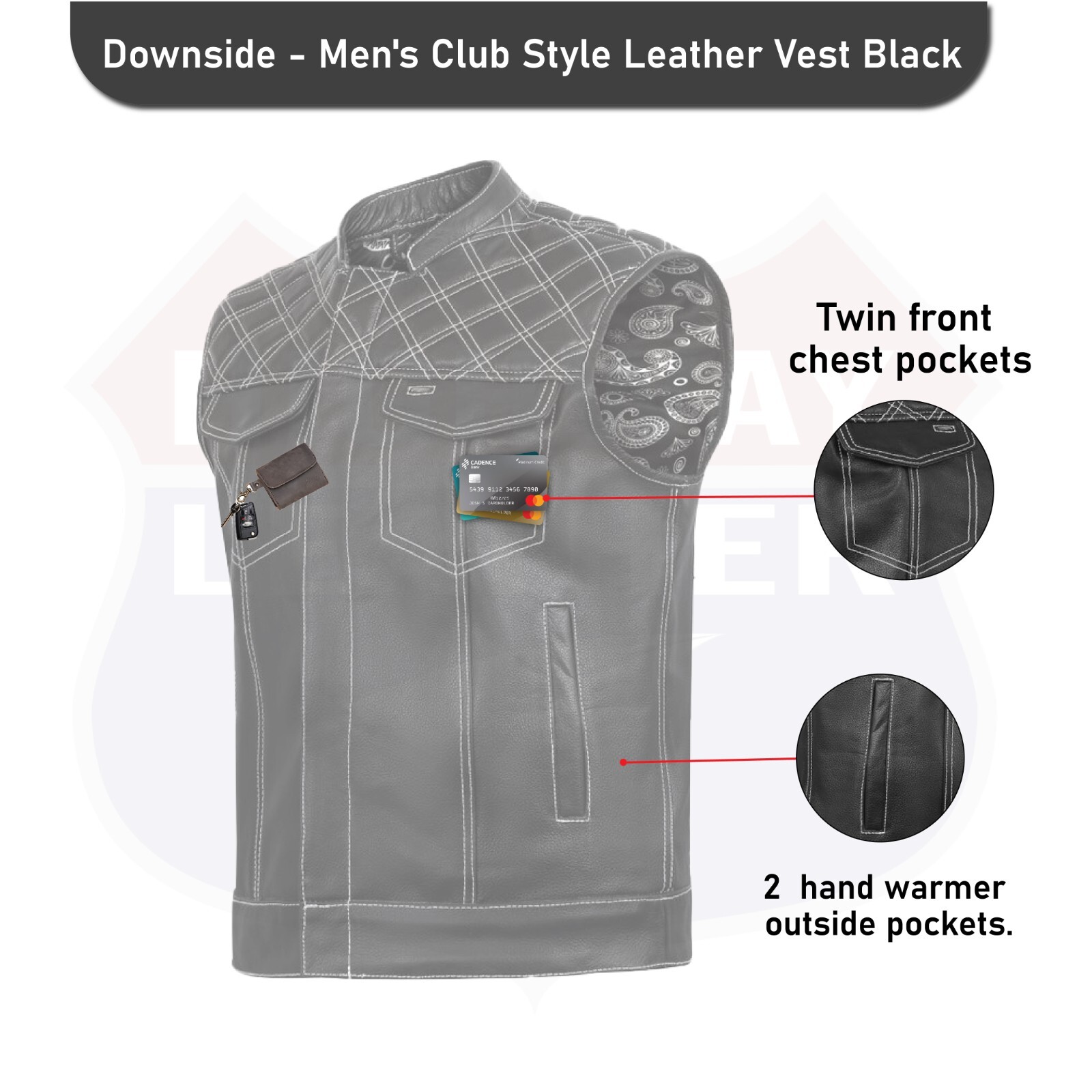 HL11693SPTWHT WHITE Black Men Cross Stitch Club Leather Vest
