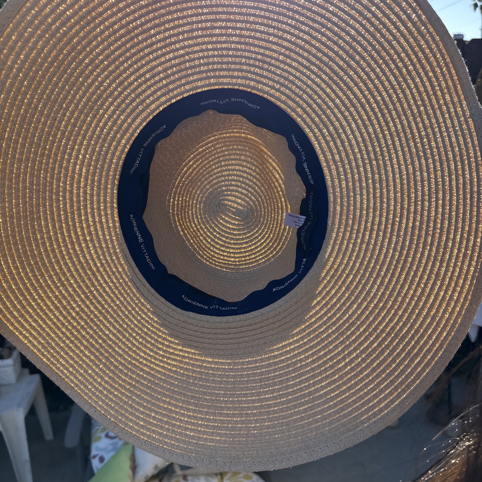 Adrienne Vittadini 5” Ultra Wide Brim Beige Straw Floppy Sun Hat Gold AV Logo