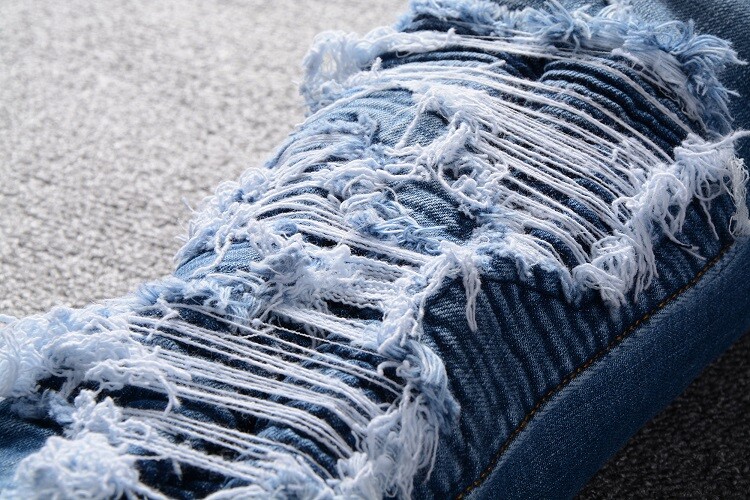 Mens Retro Ripped Slim Pleated Denim Jeans Classic Motorcycle Style Blue Stretch