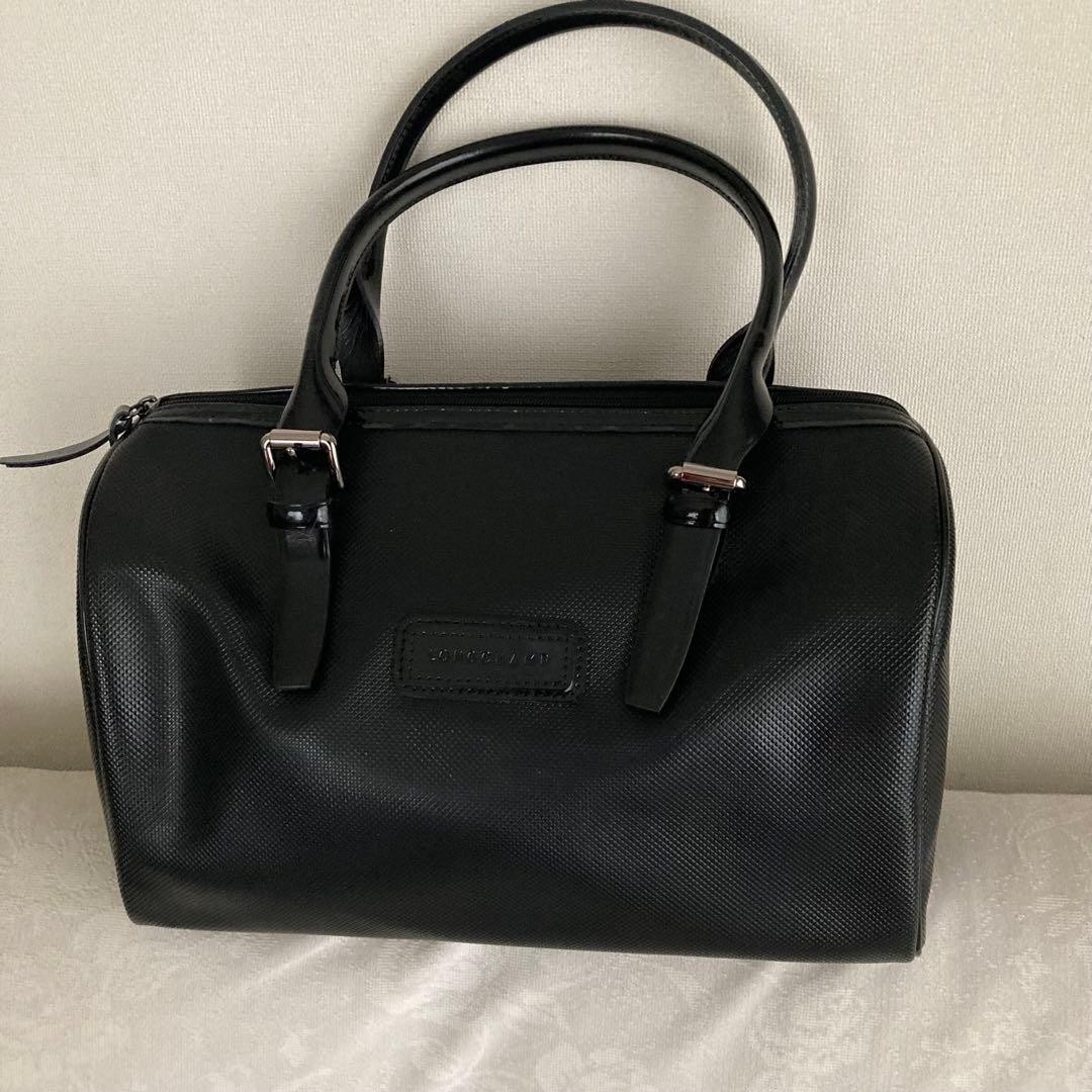 LONGCHAMP Black Patent Leather Boston Style Commuter Handbag Zip Top
