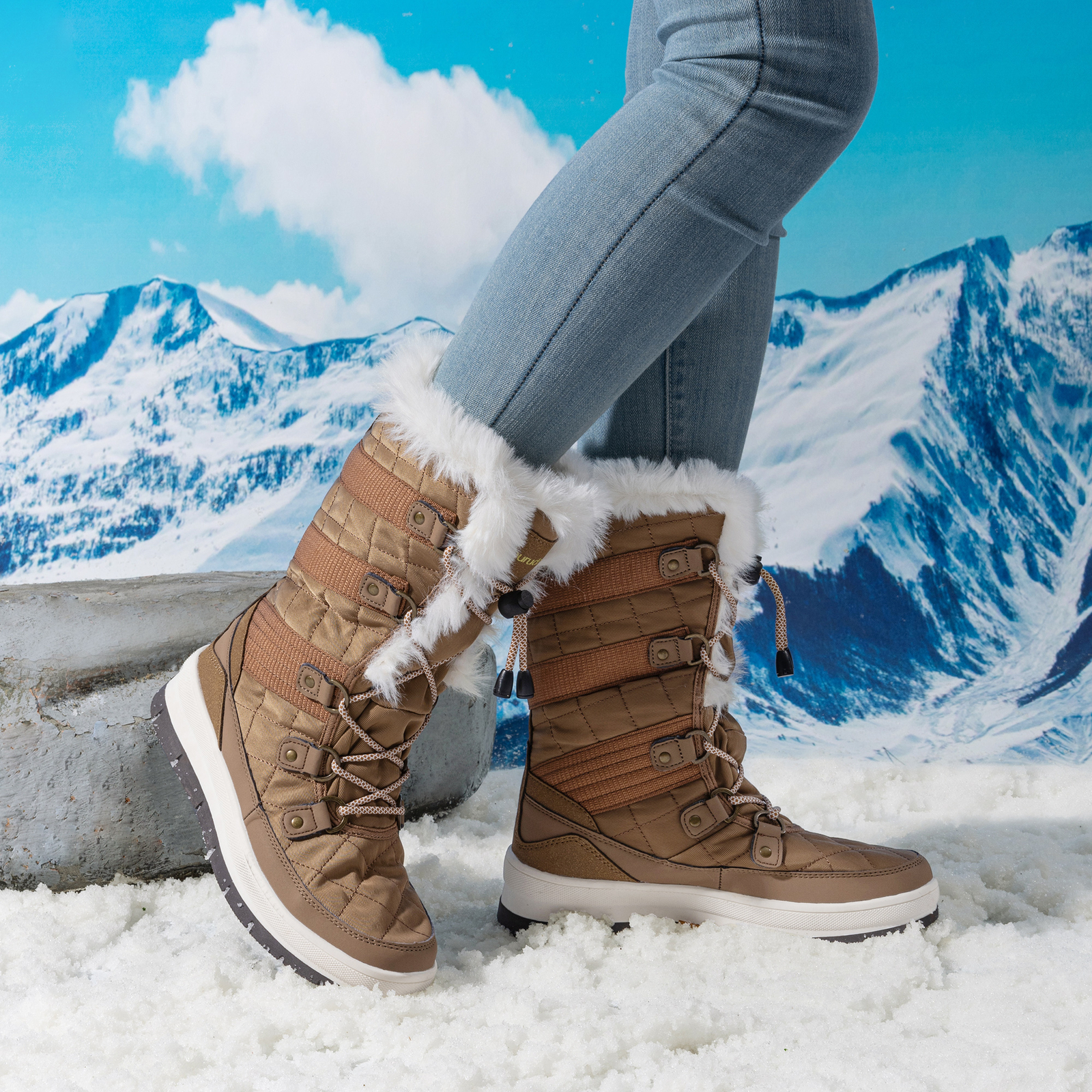 Women Snow Boots Classic Fur Lined Lace up Mid Calf Outdoor Indoor Ski Boots