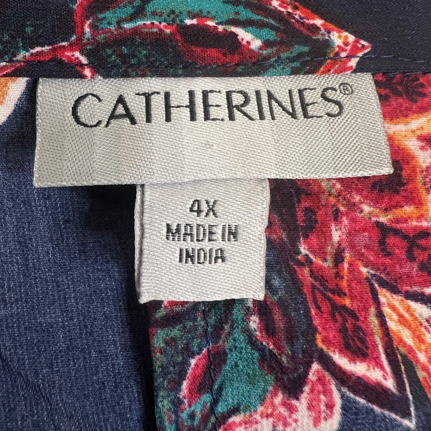Catherines Womens Blouse 4X Navy Red Floral Button Front 3/4 Sleeves Plus Size