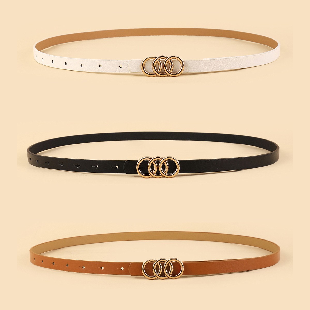 Women’s Thin Three Ring Belt – Simple Fashion Decorative PU Waist Belt