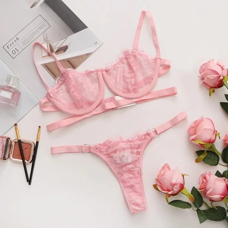 Women’s Lace Embroidered Bra Set Sheer Mesh Push Up Lingerie Underwear Set