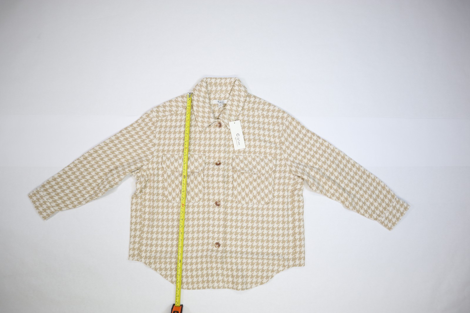 C by One Jacket Womens 1X Beige White Houndstooth Plaid Shacket Wool Blend Warm