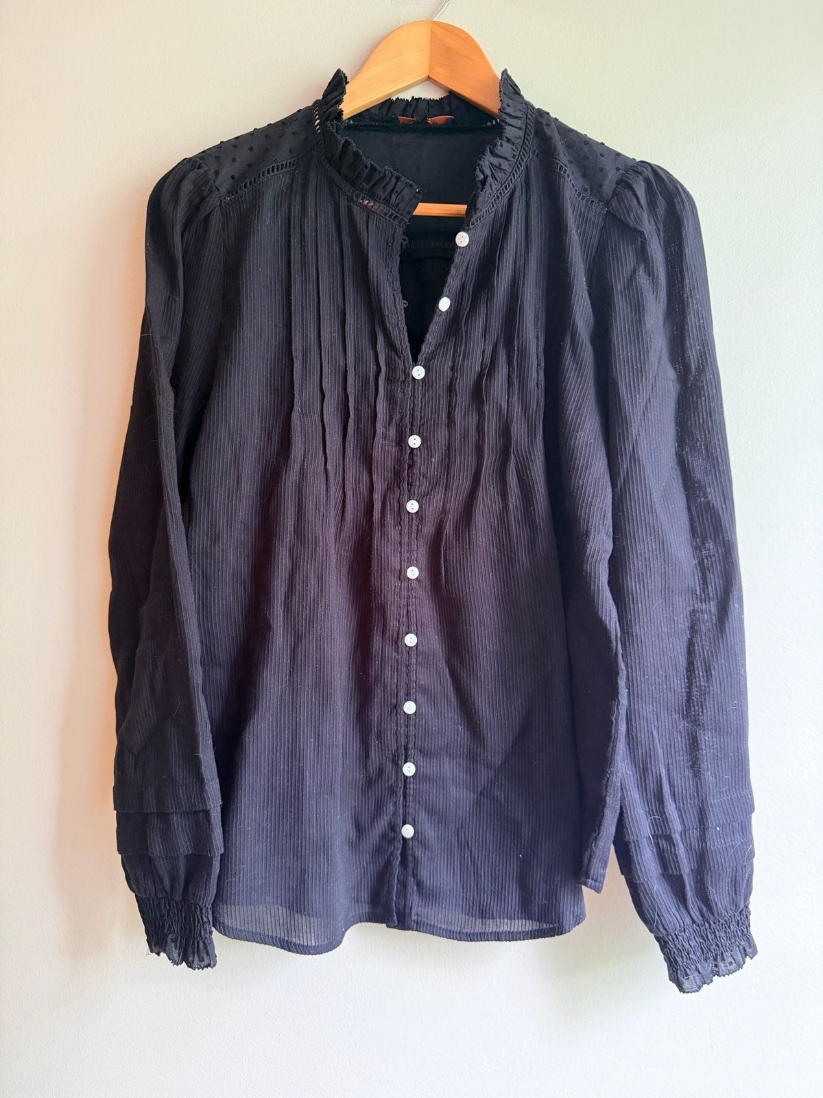 Quince Organic Textured Cotton Peasant Blouse black size Large
