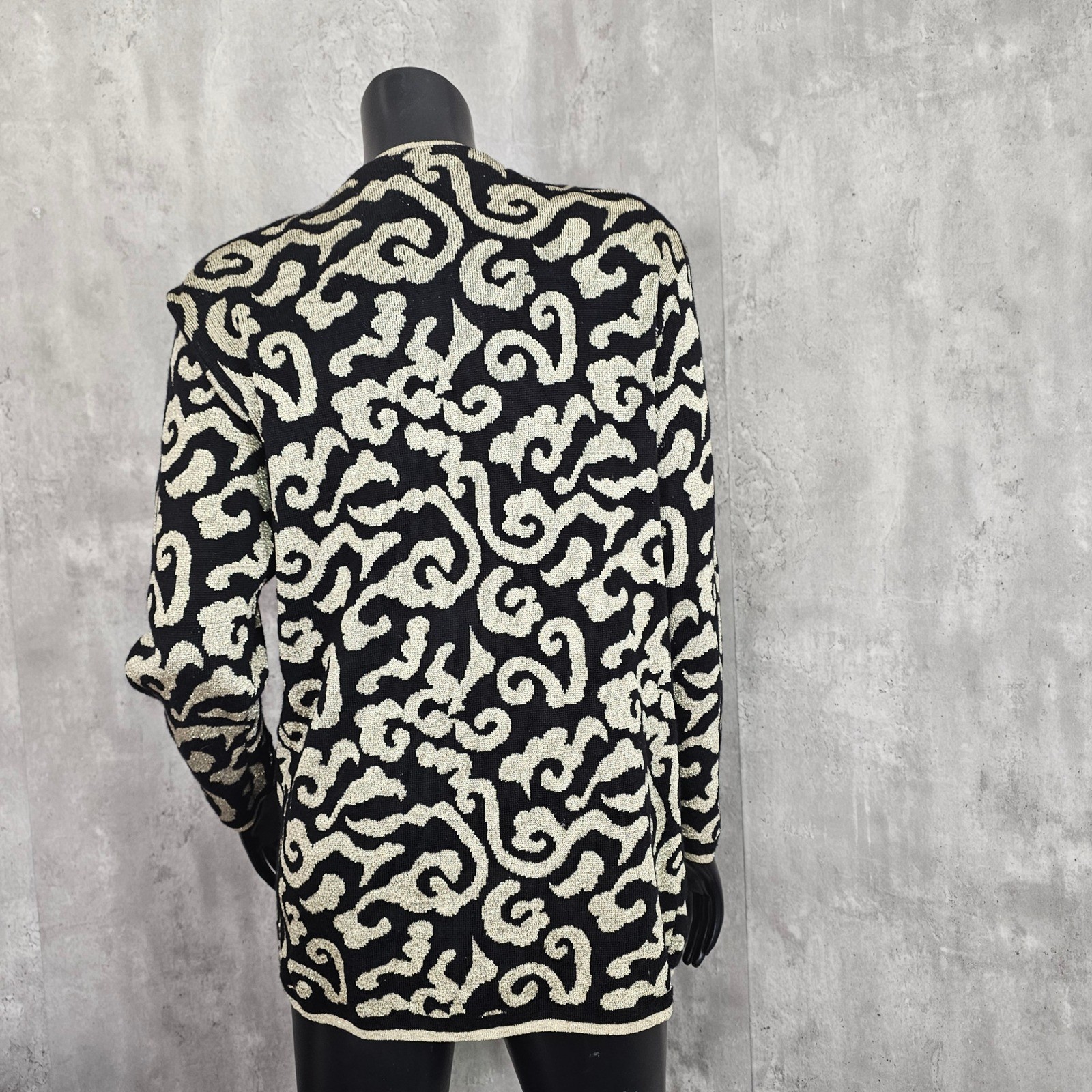 Vintage 80s 90s Tesori Baroque Knit Jacket Gold Black Wool Cardigan XS