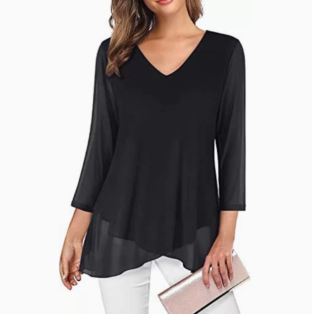 Women’s Asymmetrical Hem Mesh Blouse 3/4 Sleeve V Neck Tunic