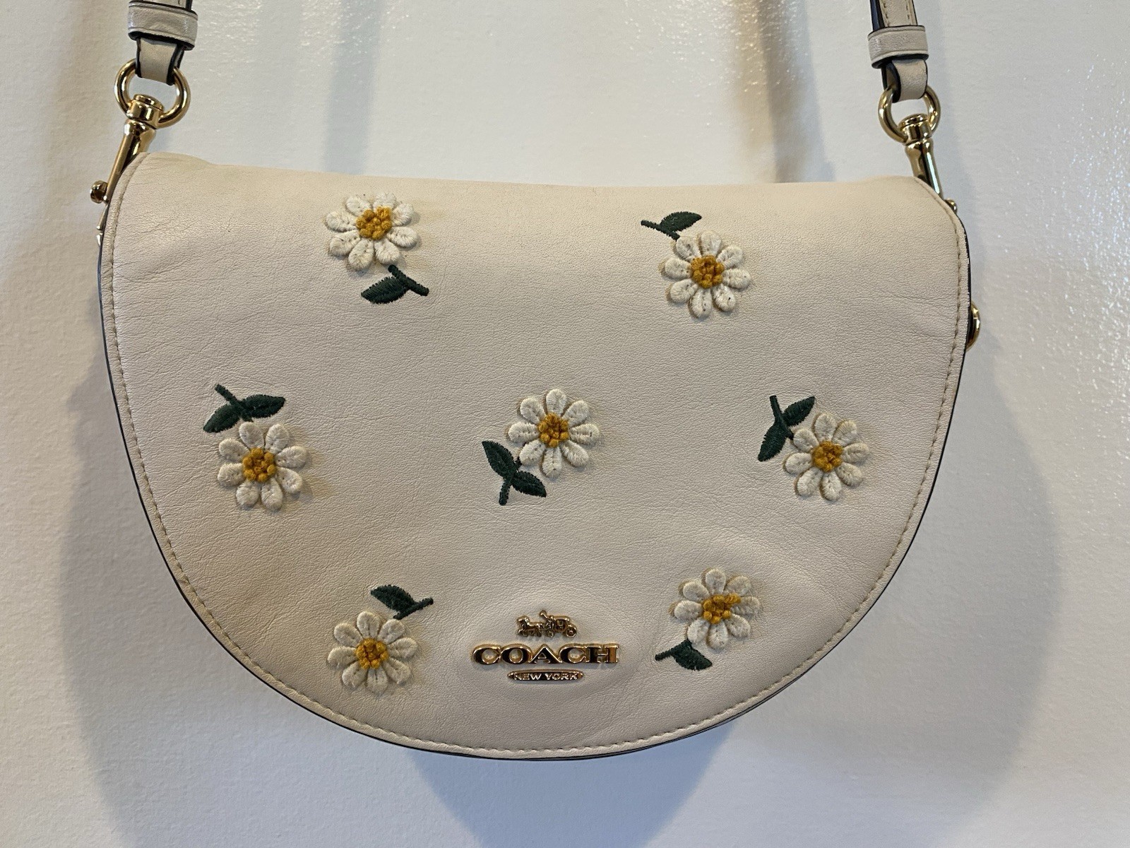 Coach C2683 Daisy Embroidery Half Moon Crossbody Chalk Leather Floral Bag COA