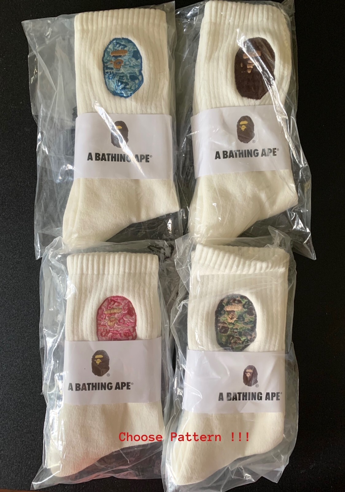 BAPE A Bathing Ape Crew Socks Big Ape Head Embroidered CAMO Socks 100% – CHOOSE!