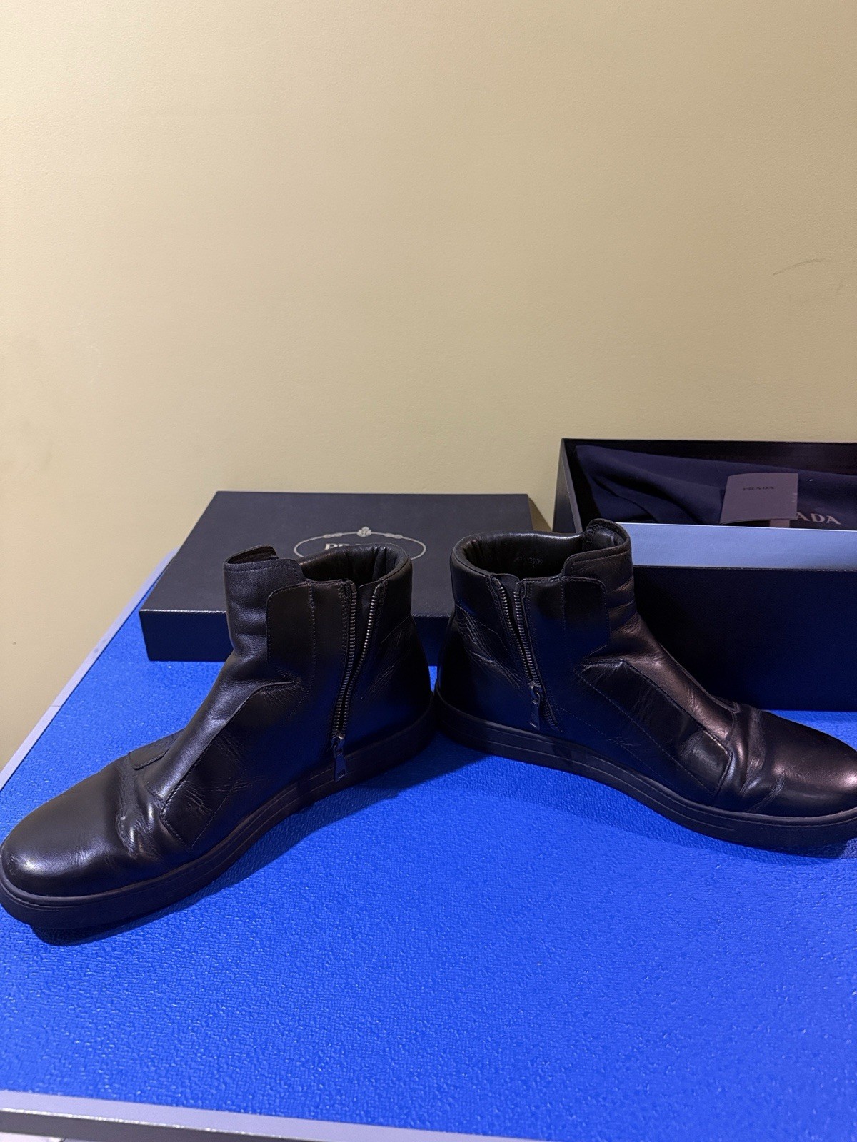 Prada Men’s Black Leather Side Zip Ankle Boots US 11 Round Toe
