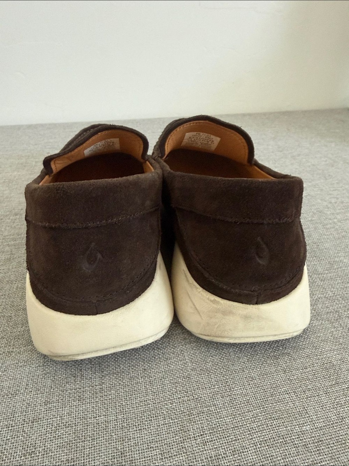 OluKai Dark Brown Suede Slip-On Loafers with Cream Sole