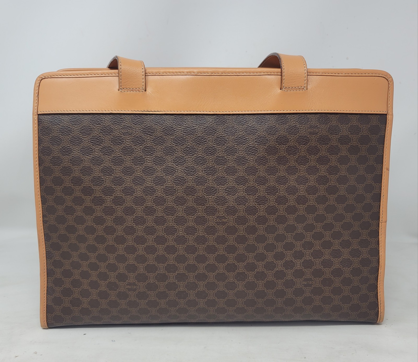 Celine Triomphe Brown Canvas Leather Large Shoulder Hand Bag Authentic Vintage