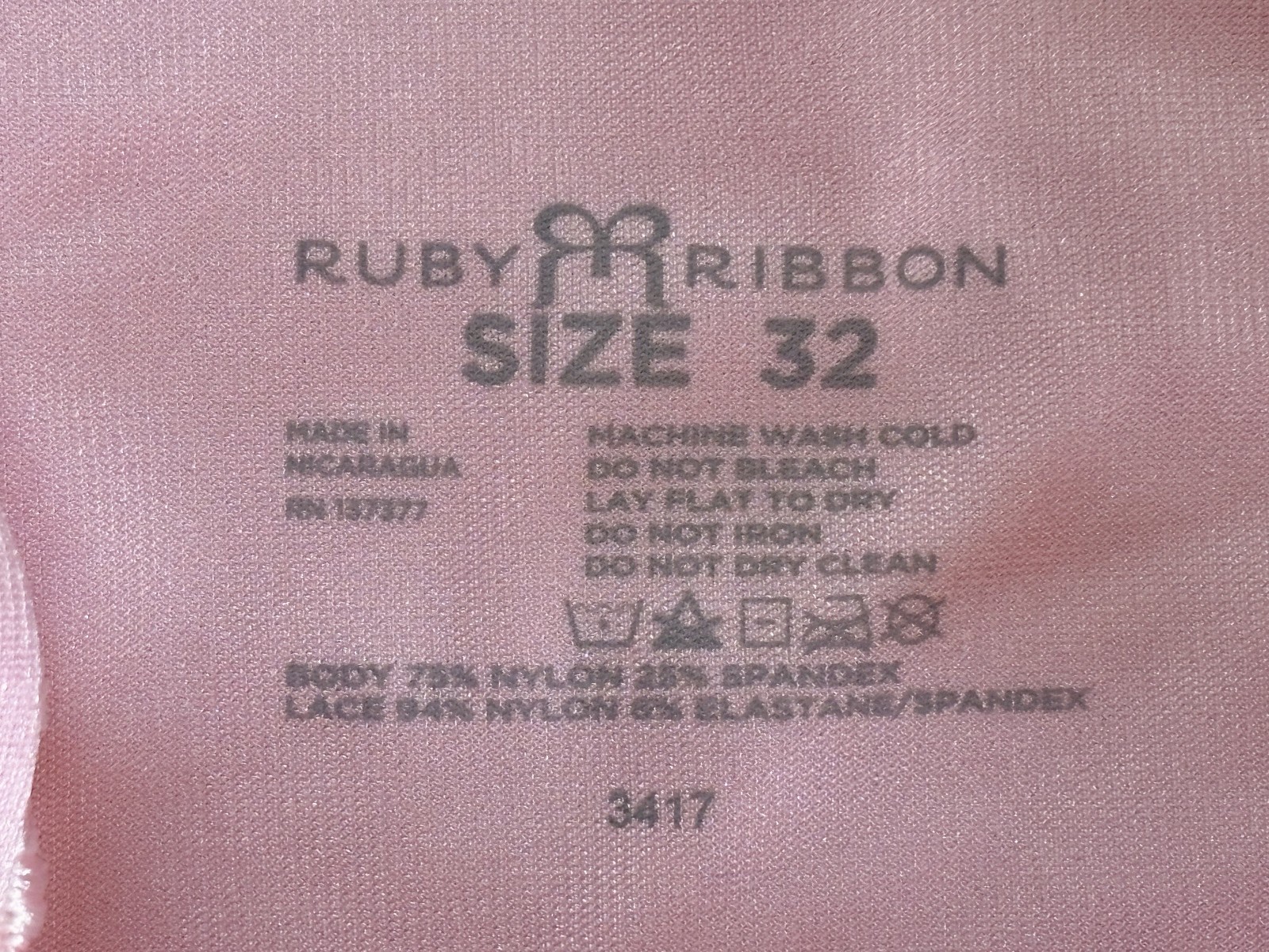 RUBY RIBBON Size 32 Pink Lace Trim V Neck Demiette #3417 NEW