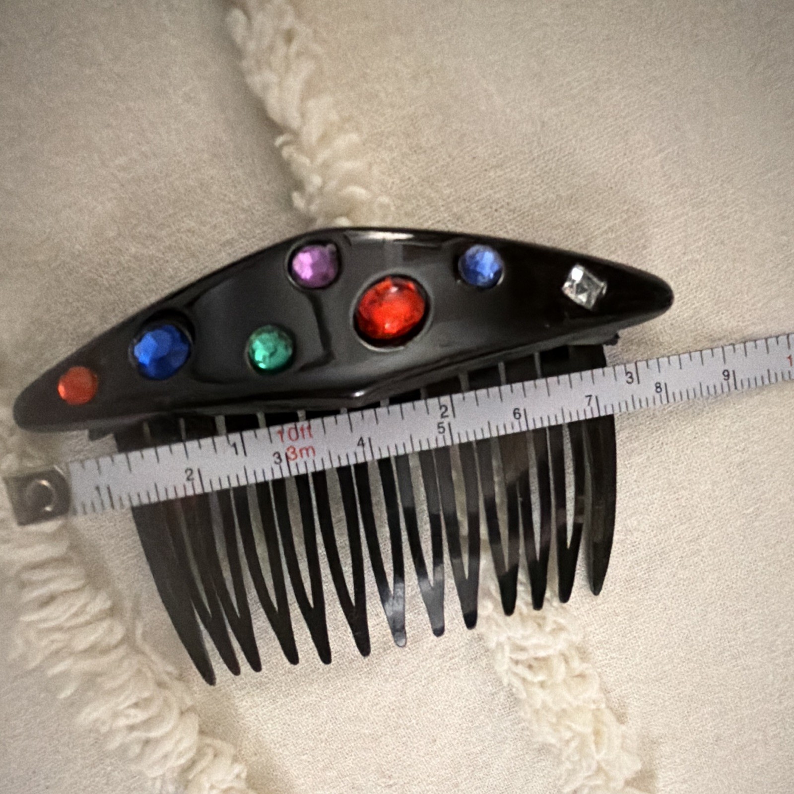 Vintage Black Plastic Hair Comb w/ Multicolor Rhinestone Accents