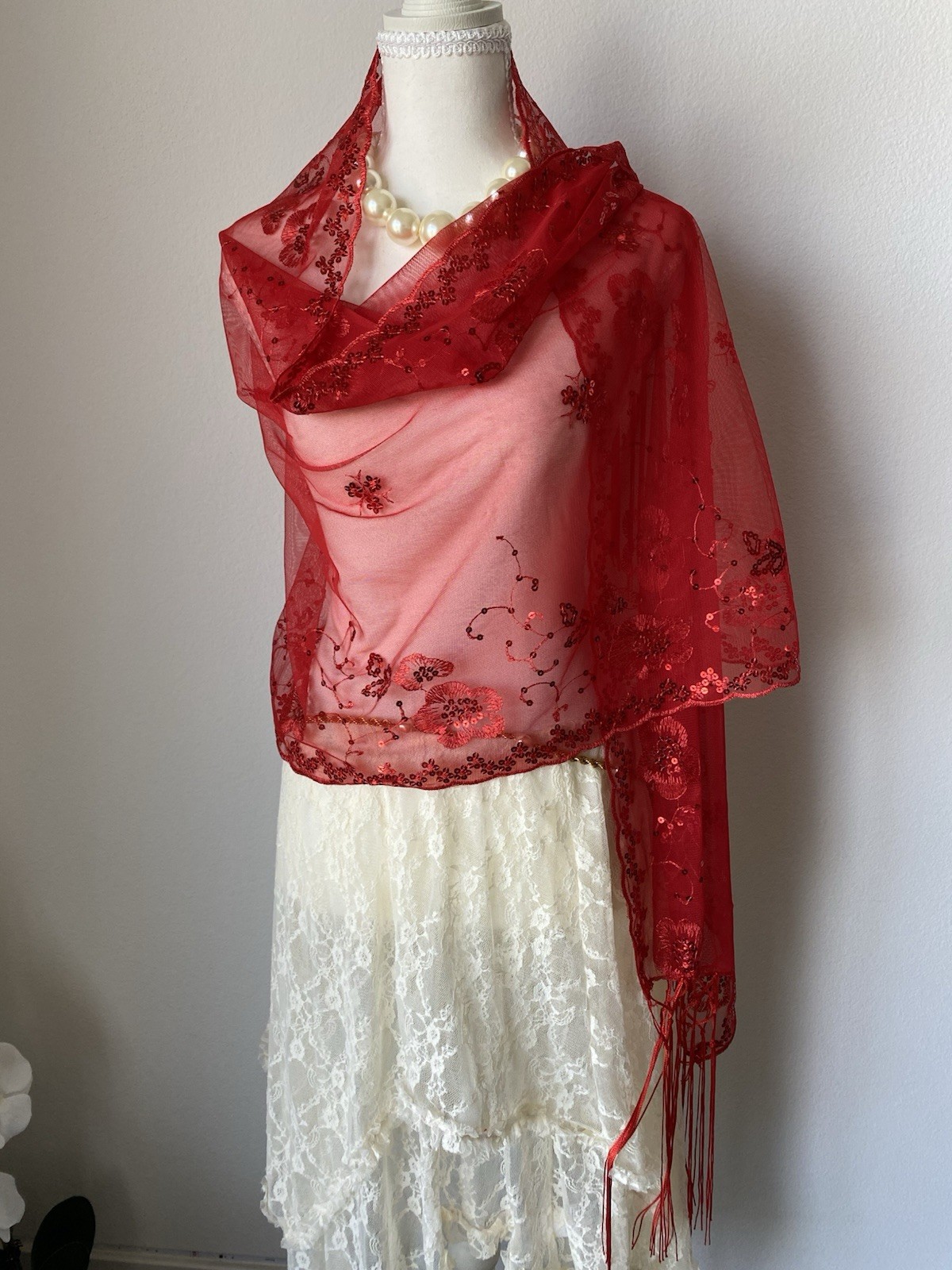 Red Mesh Sheer Shawl Floral Embroidered Sequin Fringe Women’s Scarf Whimsical