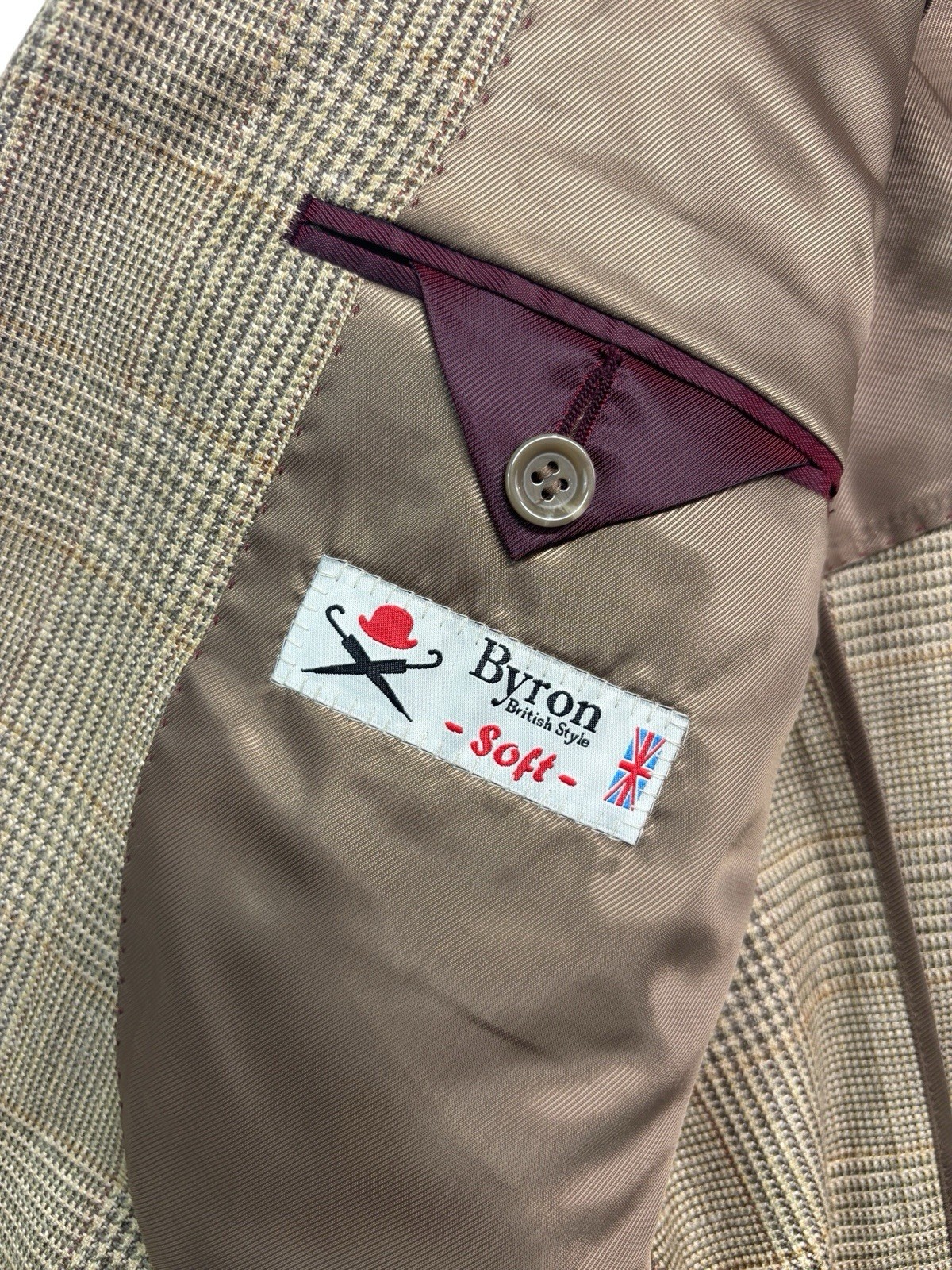 Byron British Style 50R USA 40R Tan Glen Plaid Blazer Jacket Silk Linen Wool
