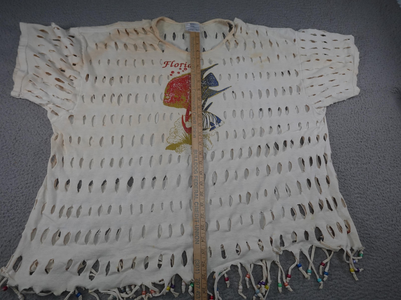 Vintage Florida Shirt Womens 2XL White Fish Cutout Beaded Fringe Beach Summer