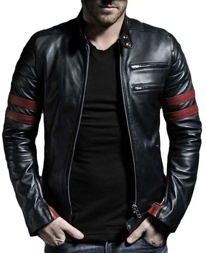 Men Leather Jacket Black Slim fit Motorcycle Real Lambskin Biker Stripped Jacket
