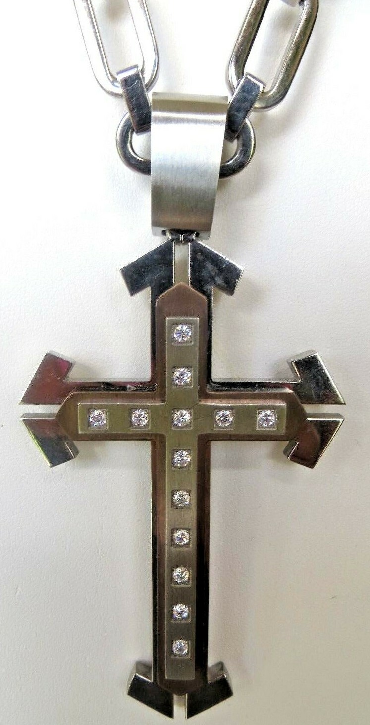 Large Heavy Cross Two Tone CZ Stones & 28 Inch Chain