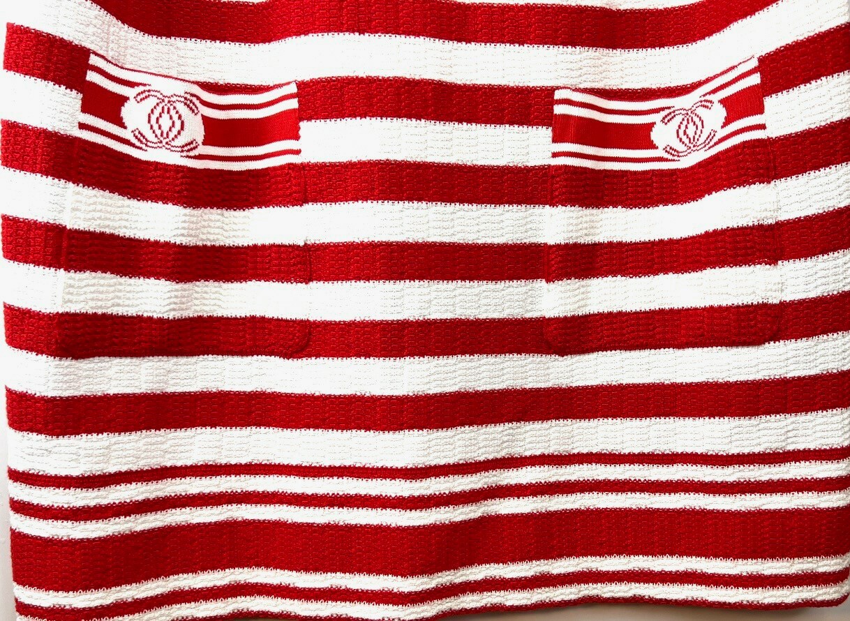 4.8K New Chanel 2019 White Red Stripe Dress 40 42 44 8 10 12 Logo Jacket S M L