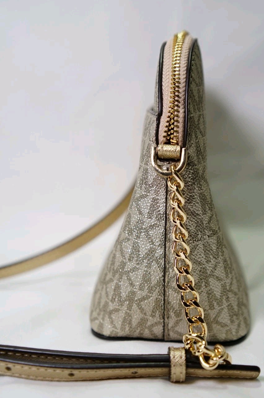 Michael Kors Jet Set Travel Dome Crossbody – Pale Gold Metallic Logo Design