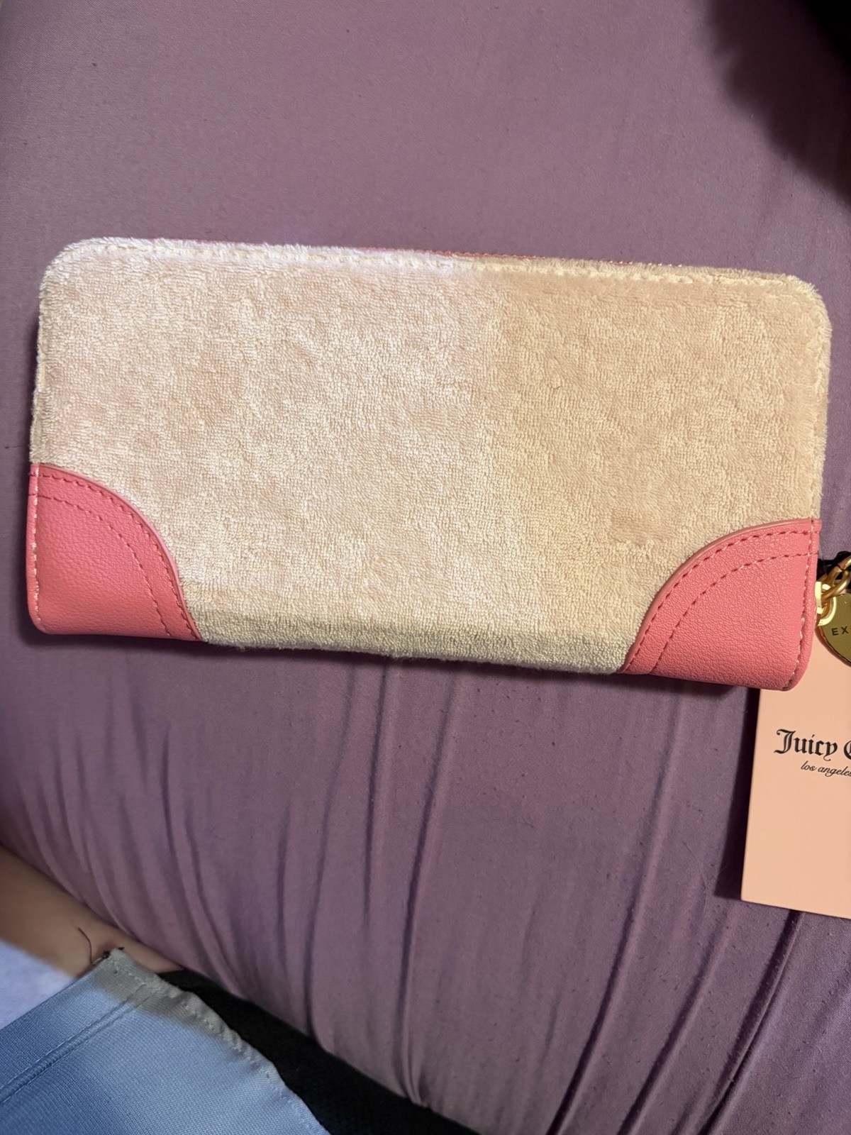Juicy Couture Women’s Zip-Around Wallet Pink Beige Rhinestone Logo Crown