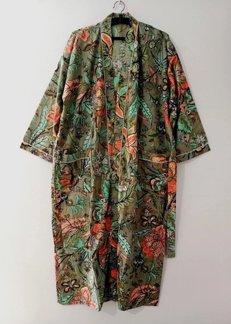 Indian Floral Printed 100% Cotton Robe Long Kimono Sleepwear Night Kimono Dress