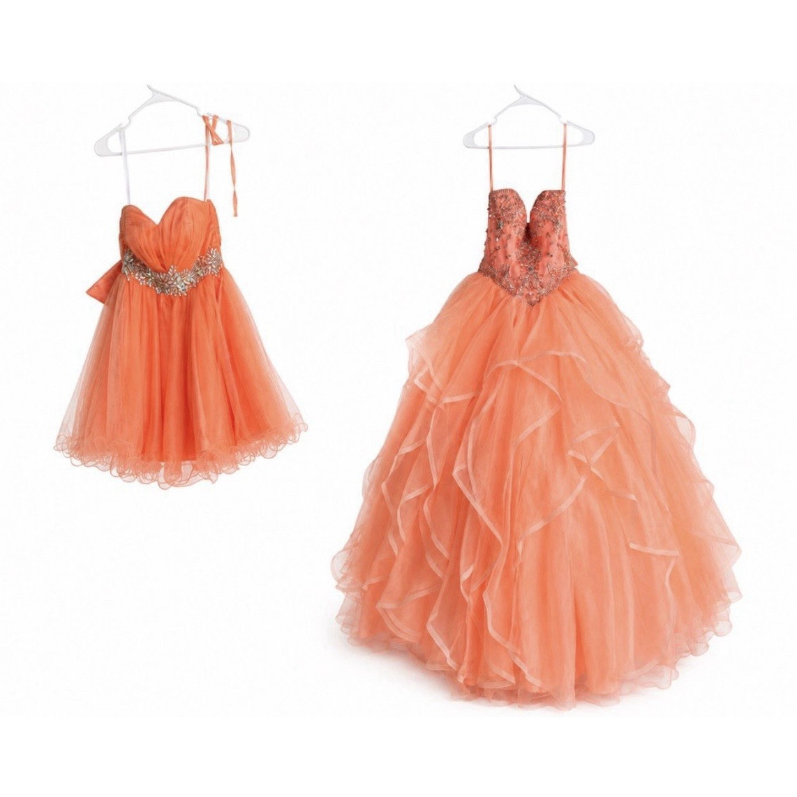 Girls Orange Tulle Ball Gown Long Strapless Sweetheart Beaded Princess