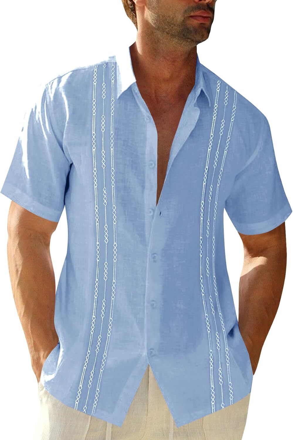 Mens Guayabera Shirt Linen Cotton Embroidered Short Sleeve Cuban Wedding Beach