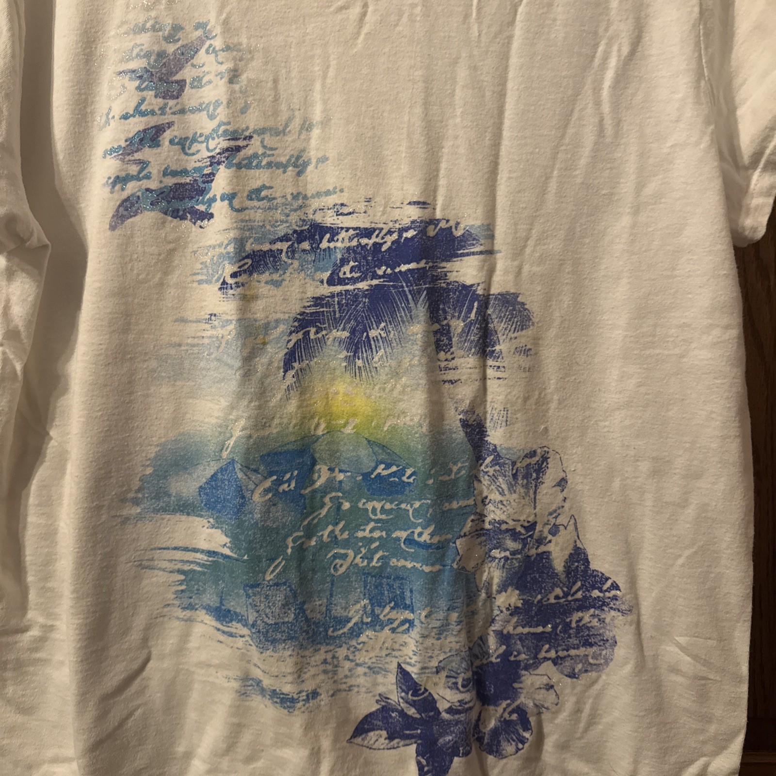 White Blue Graphic Print Beach T-Shirt XL Short Sleeve Crew Neck 100% Cotton