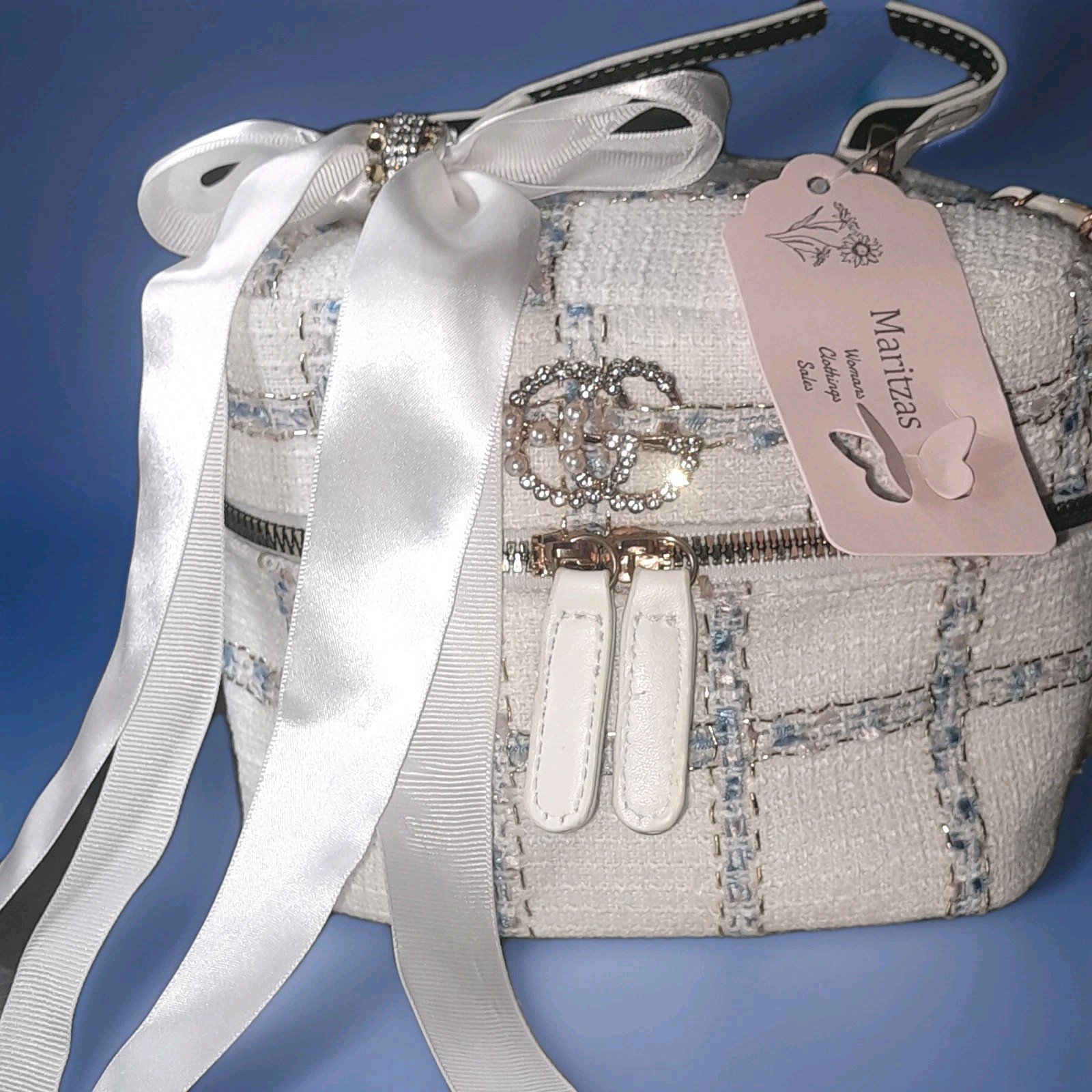 New White Blue Tweed Shoulder Bag with Bow, Rhinestone, Pearl, Gold Handcrafted