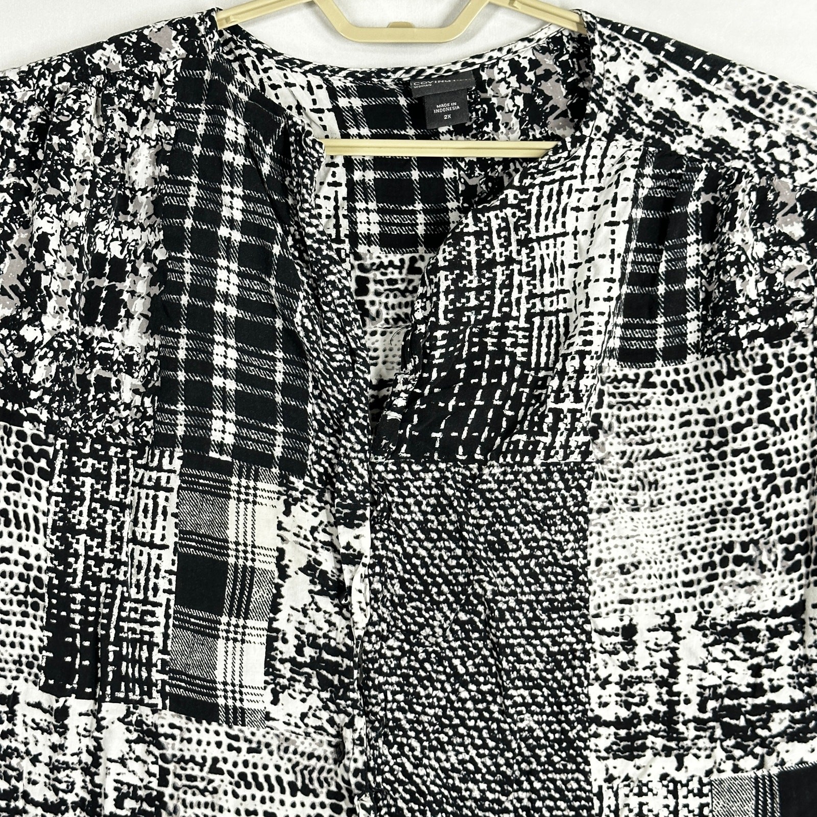 Covington Blouse Plus 2X Black White Patchwork Style Lightweight Cottage Boho