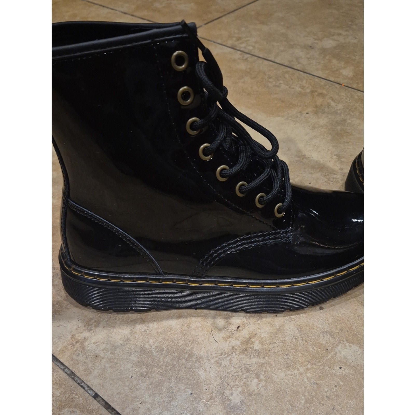 Dr. Martens Black Patent Leather Lace-Up Boots with Yellow Stitching