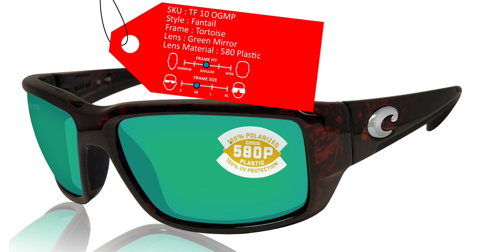 Costa Del Mar fantail tortoise frame green mirror polarized 580 plastic lens new