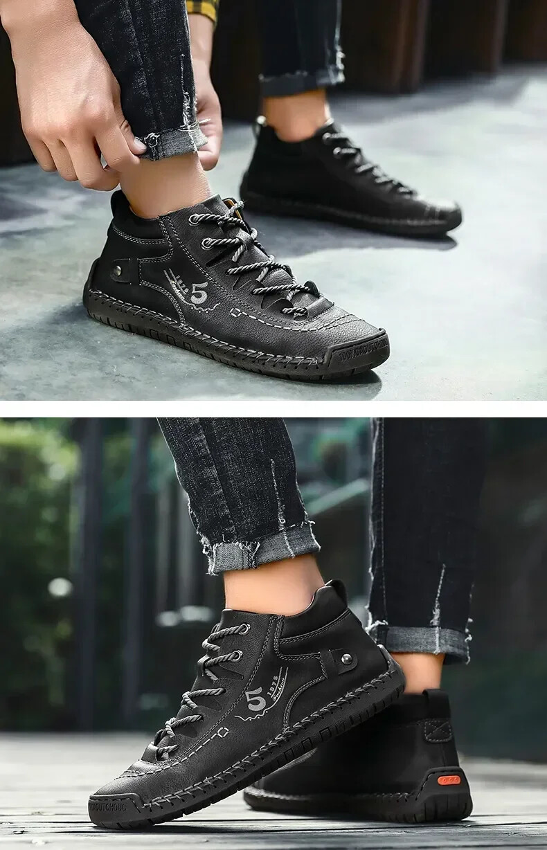 Men Hand Stitched Leather Walking Shoes Lace Up Non Slip Casual Outdoor Sneakers