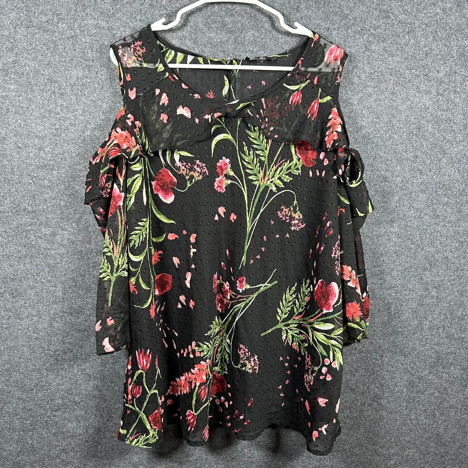 Roz & Ali Womens 2X Black Red Floral Clip Dot Cold Shoulder Ruffle Blouse Top