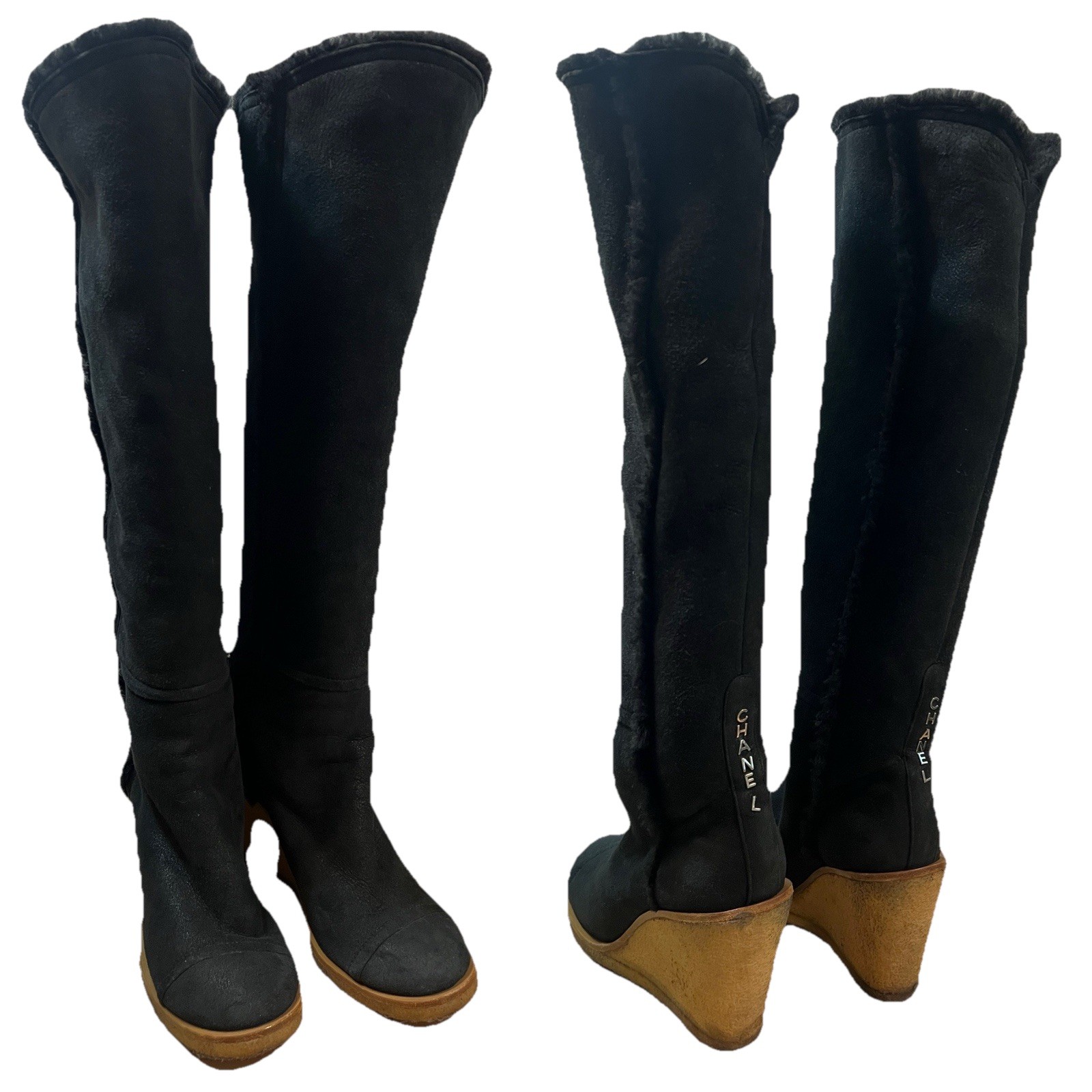 Chanel Boots 40 Wedge Knee High Suede Sherpa Fur Lined Biker Moto Spellout Logos