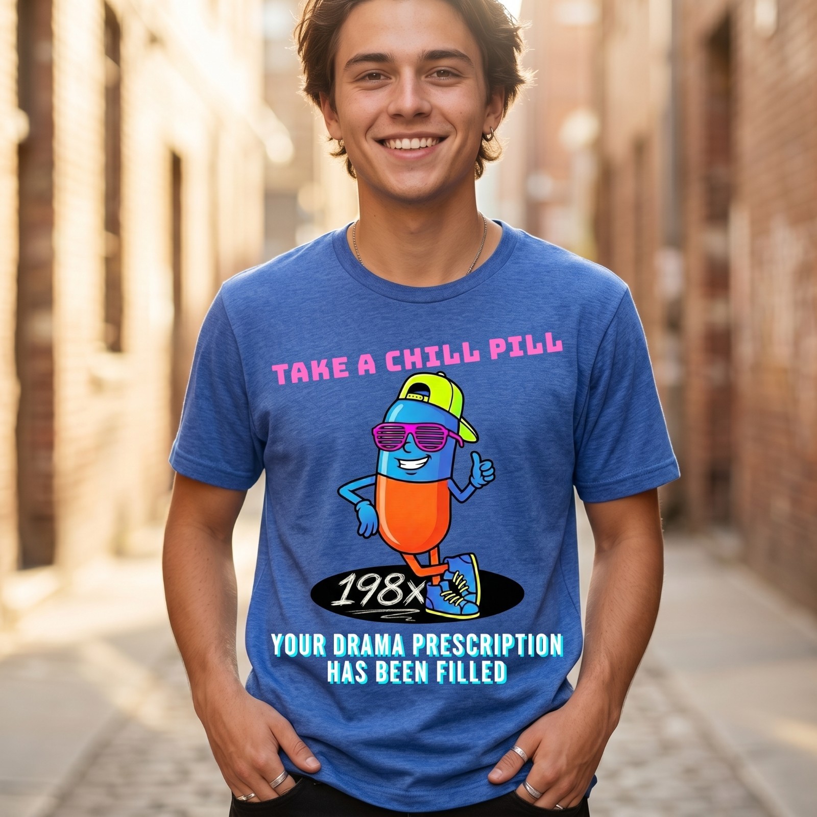 Take A Chill Pill T-Shirt 1980s Retro Graphic Tee Drama Prescription Funny Shirt