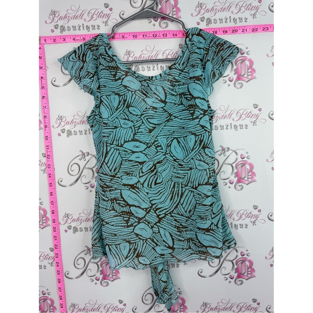 Reitmans y2k top Aqua & Brown Printed Wrap-Front Cap-Sleeve Top