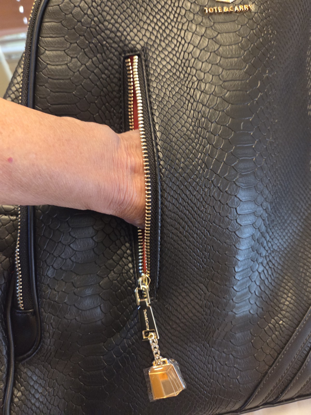NEW Tote & Carry Black Textured Faux Leather Backpack Gold Hardware Red Lining