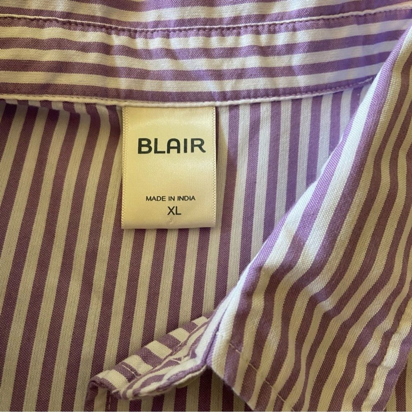 Blair Cat Pinstriped Shirt 3/4 Sleeve Oversized XL Lavender Kitty Leaves Teacher