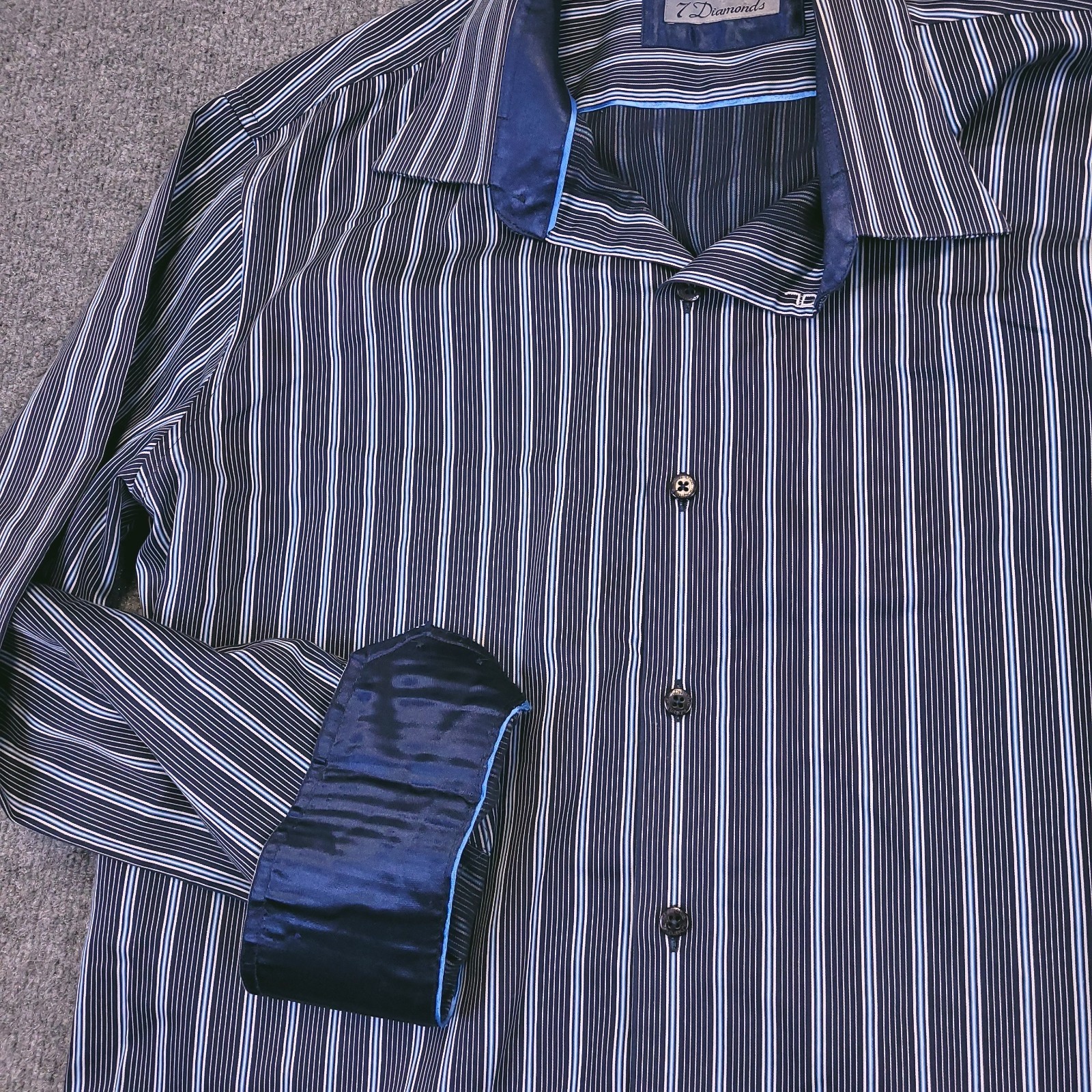 7D 7 Diamonds Mens Large Button Up Vertical Striped Flip Cuff Contrast Trim