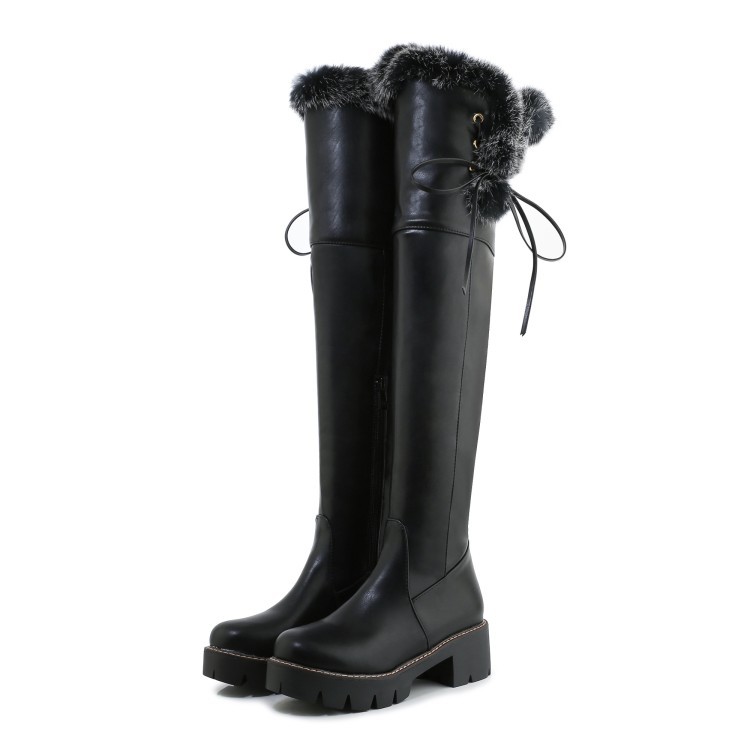 Winter Women’s Lace Up Furry Over The Knee High Long Boots Zip Mid Heel Shoes