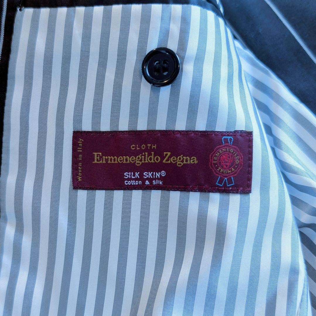 ERMENEGILDO ZEGNA Chalk Stripe Suit Black Cotton Silk Slim Fit 38R 2 Piece